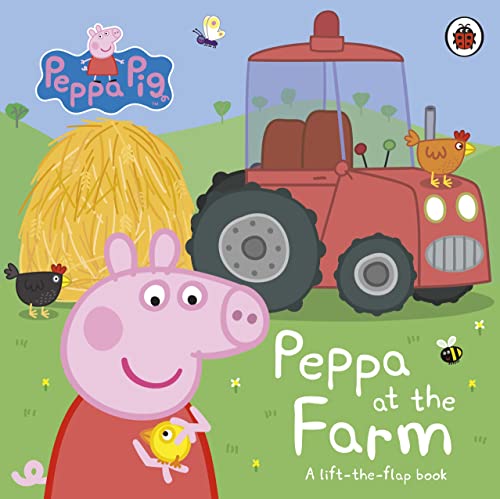 Peppa Pig with a tractor, hay bales, and chickens on a farm.