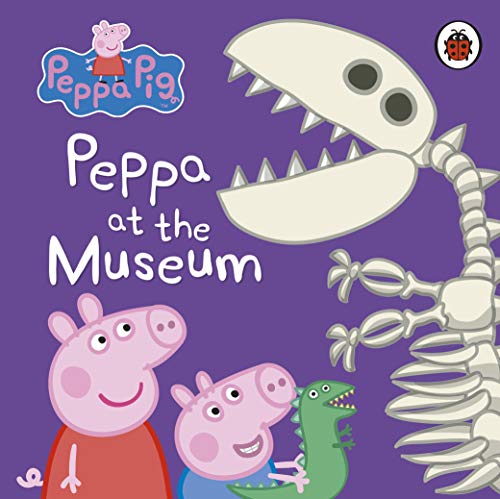 "Children's book cover featuring Peppa Pig and dinosaur skeleton on purple background."