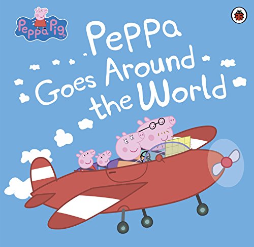 "Children's book cover featuring Peppa Pig and family in a red airplane against a blue sky."