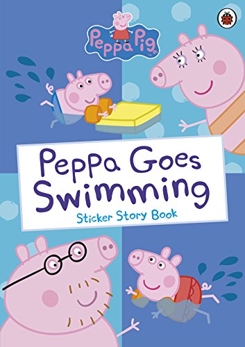 Peppa Pig book cover, “Peppa Goes Swimming,” with characters and stickers.