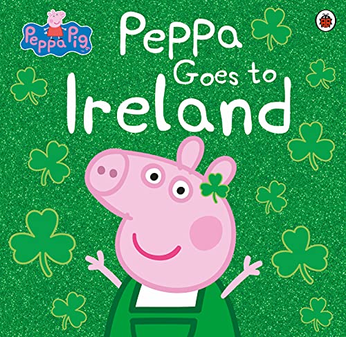 Peppa Pig smiling with a shamrock, on a green cover with text.