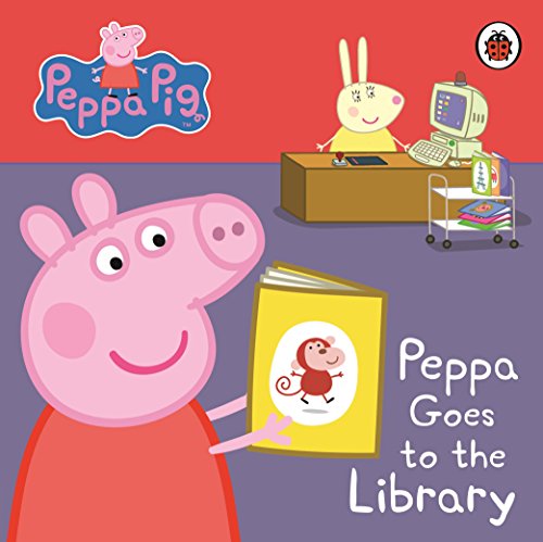 Peppa Pig reading a book at a library with a librarian.