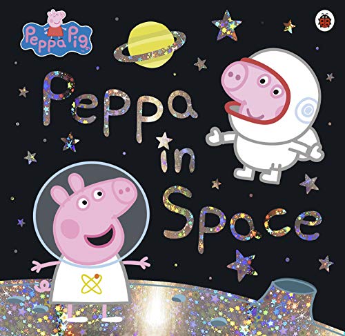 Peppa Pig in a spacesuit on a lunar surface with planets.