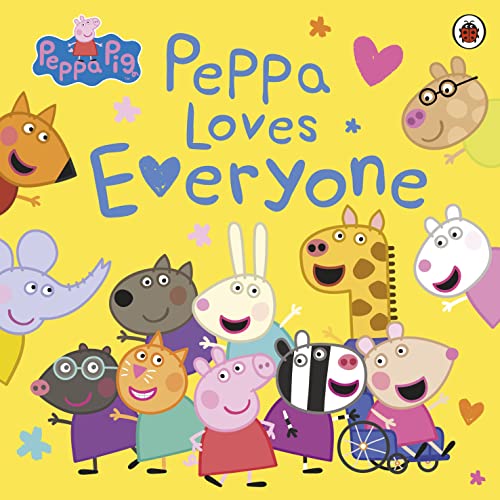 Peppa Pig and diverse animal friends on a yellow background.