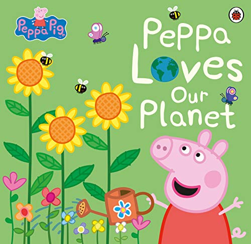 "Peppa Pig smiles among flowers and bees on a green background, with 'Peppa Loves Our Planet' text."