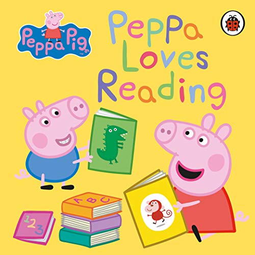 Peppa Pig and George reading books on a yellow background.