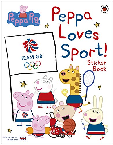 "Peppa Pig sticker book cover featuring Peppa in various sports-themed illustrations and colors."