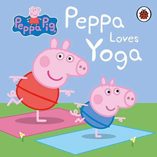 Peppa Pig and George doing yoga poses on pink mats.