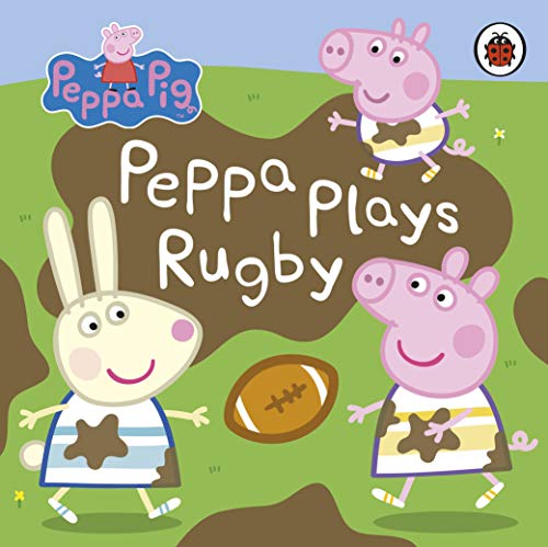 Peppa Pig and friends playing rugby in a muddy field.