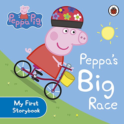 Peppa Pig riding a red bicycle with a yellow bucket, storybook cover.