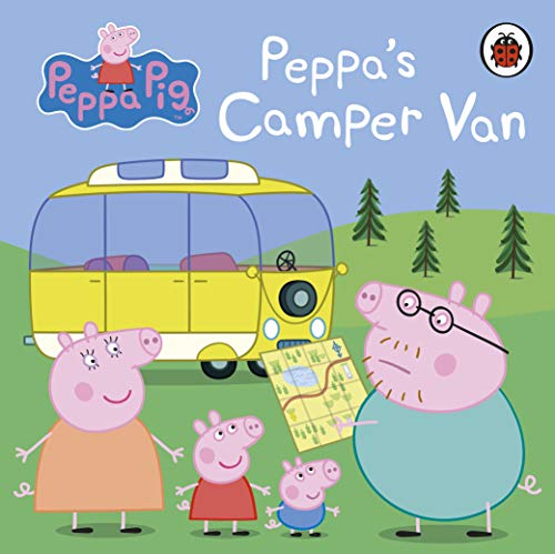 Peppa Pig family with yellow camper van and map, outdoors.