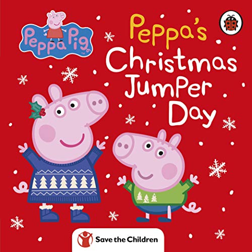 Peppa Pig and George wearing Christmas jumpers on a red background.