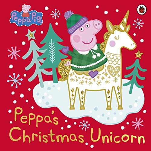 Peppa Pig riding a golden unicorn in a snowy Christmas scene.