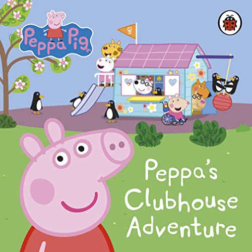 Peppa Pig and friends play at a colorful clubhouse with a slide.