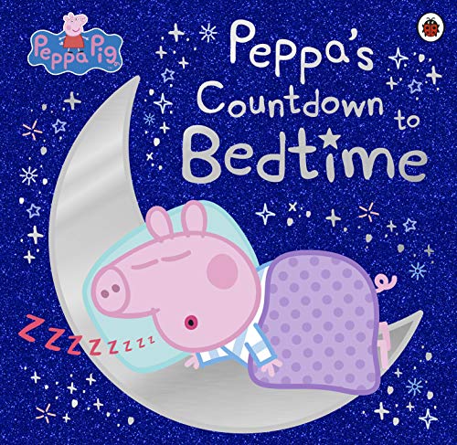 Peppa Pig sleeping on a crescent moon with stars, book cover.