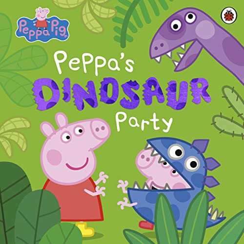 Peppa Pig and dinosaurs on a bright green book cover.