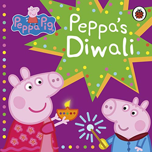 Book cover of Peppa's Diwali featuring Peppa and George with a lit diya lamp.