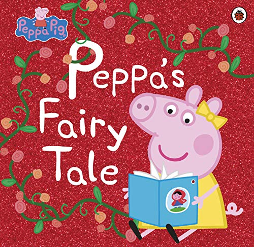 "Red children's book cover featuring Peppa Pig reading a book, surrounded by vines and flowers."
