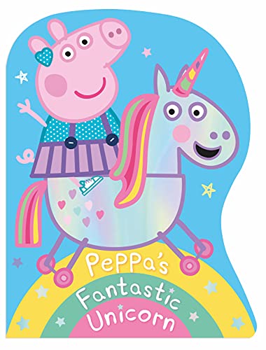 Peppa Pig riding a sparkly unicorn on a shaped board book cover.