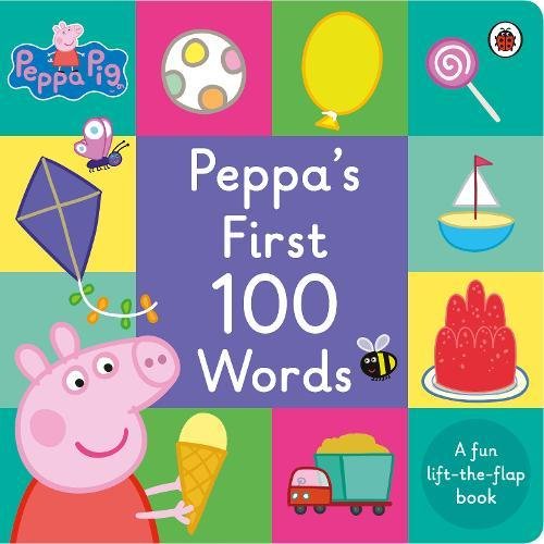 "Children's book cover with Peppa Pig and colorful illustrations in a grid pattern."