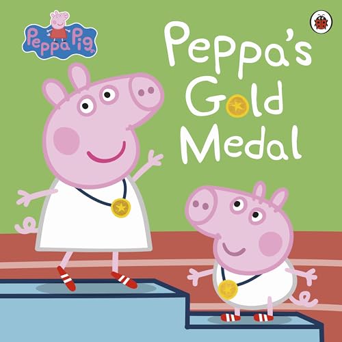 Peppa Pig and George wearing medals on a running track.