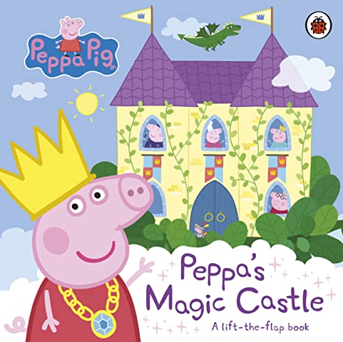 Peppa Pig as a princess stands before a purple fairytale castle.