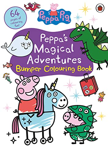 Peppa Pig colouring book cover with Peppa, a unicorn, and dragons.