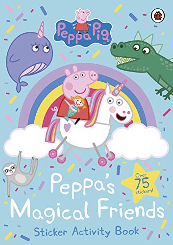 Peppa Pig riding a unicorn with magical friends under a rainbow.