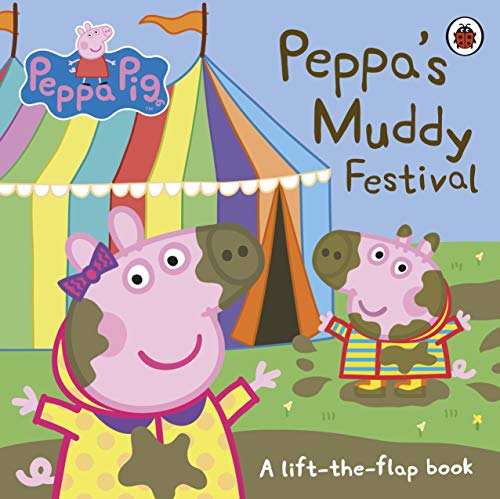 Peppa Pig and George covered in mud in front of a colorful festival tent.