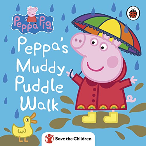 Peppa Pig book cover with Peppa under an umbrella in puddles.
