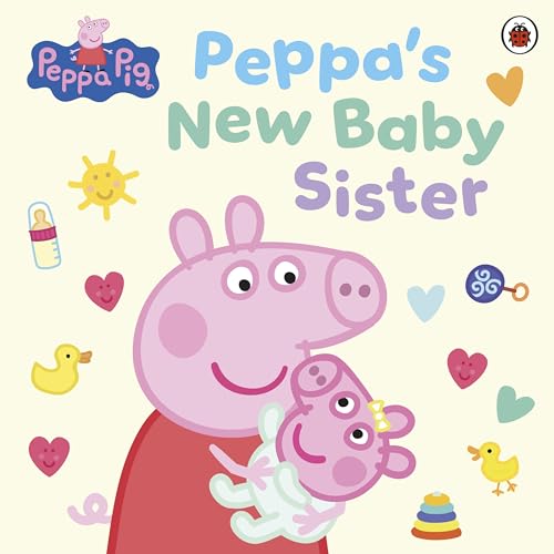 Peppa Pig holding her baby sister on a cream background with colorful baby icons.