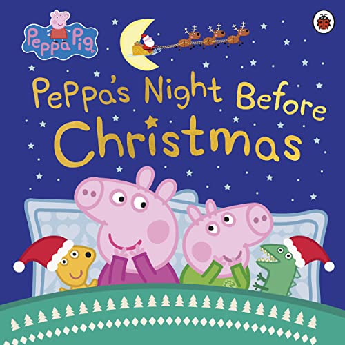 Peppa Pig family in bed with Santa and reindeer flying above.