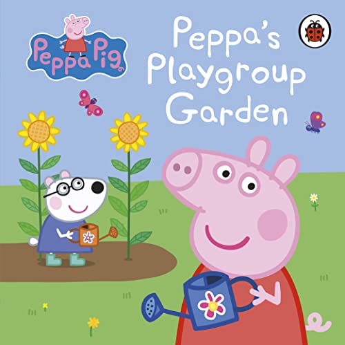 Peppa Pig and Suzy Sheep gardening amongst sunflowers and butterflies.