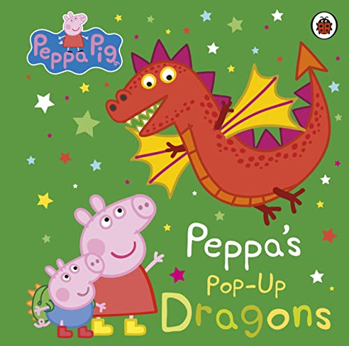 Peppa Pig and George look at a red dragon on a green star-patterned background.