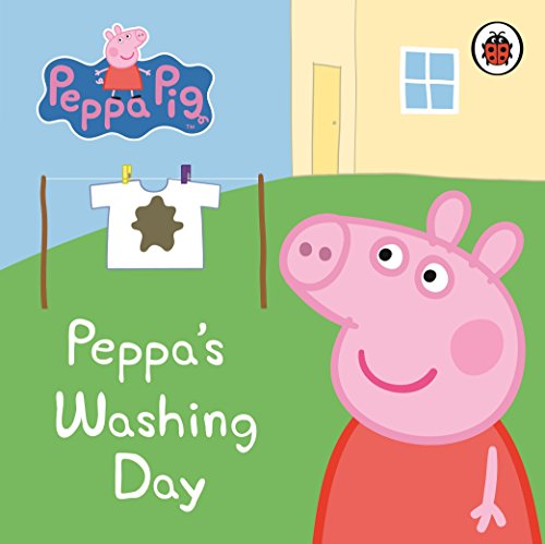 Peppa Pig stands beside a clothesline with a muddy white shirt.