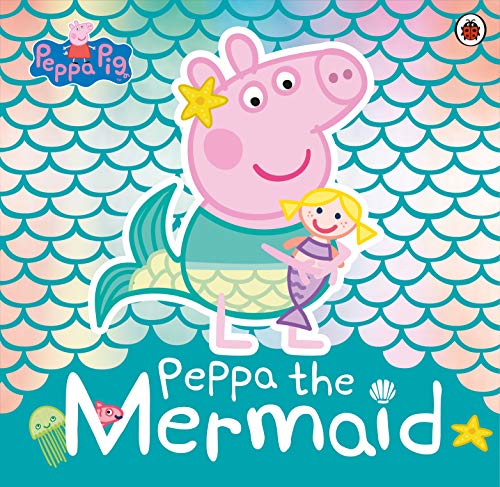 "Peppa Pig dressed as a mermaid with a doll, on a blue fish scale background."
