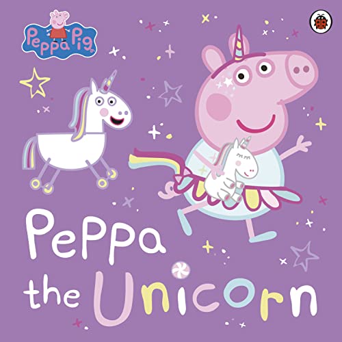Peppa Pig dressed as a unicorn with a white unicorn on a purple background.