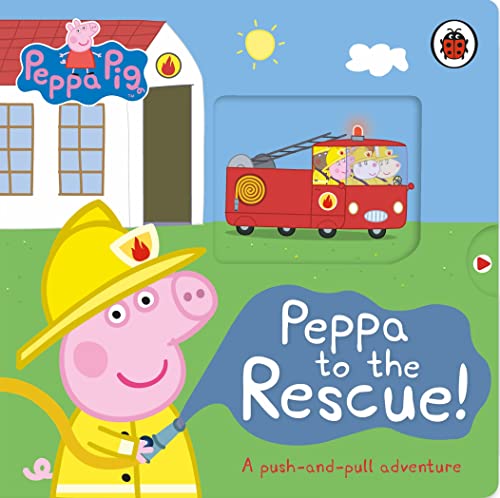 Peppa Pig as a firefighter with a red fire truck and house.