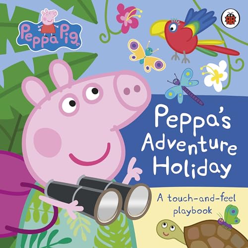 Peppa Pig holds binoculars, surrounded by jungle animals and foliage.
