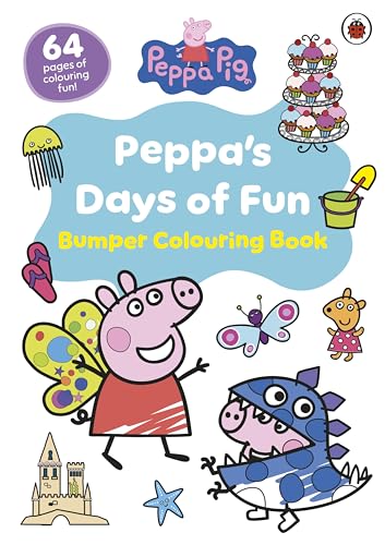 Peppa Pig colouring book cover with Peppa, dinosaur, and other images.