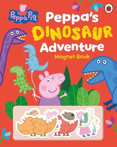 Peppa Pig magnet book cover with Peppa and colorful dinosaurs.