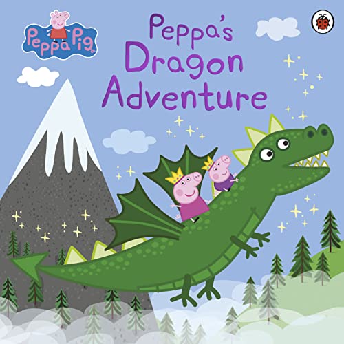 Peppa Pig and George riding a green dragon in a landscape.