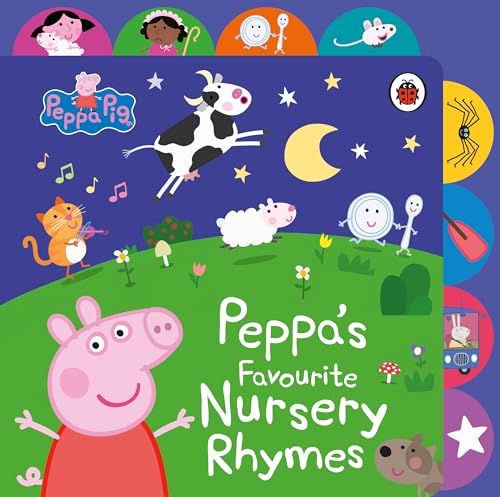 Peppa Pig tabbed board book featuring nursery rhyme characters on a night sky background.