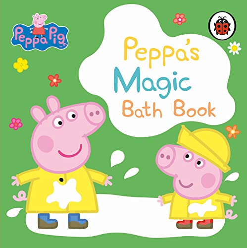 Peppa Pig and George in bath time, with book title “Peppa’s Magic Bath Book”.