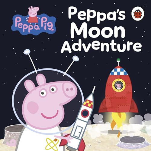 Peppa Pig in a space suit holding a toy rocket on the moon.