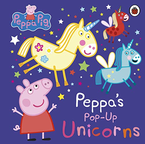 Peppa Pig and colorful pop-up unicorns on a starry purple background.