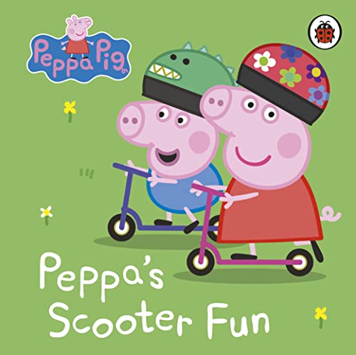 Peppa Pig and friends wearing helmets ride scooters on green background.