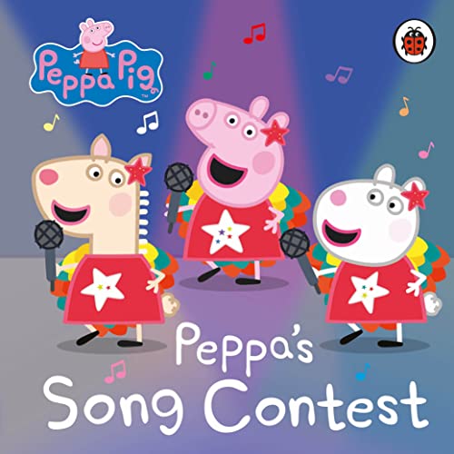 Peppa Pig and two friends singing into microphones wearing red star dresses.
