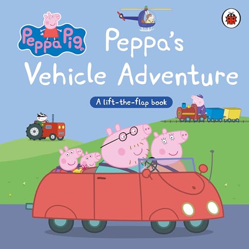 Peppa Pig and family in a red car with other vehicles nearby.