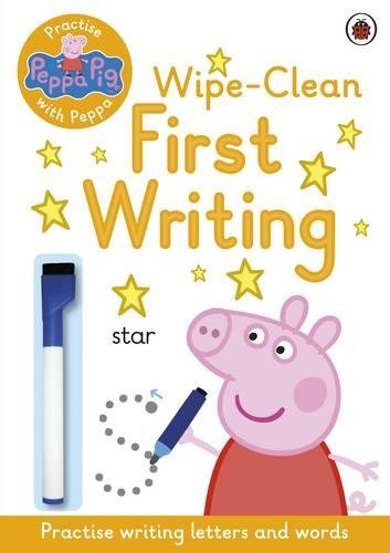 "Peppa Pig writing activity book cover featuring Peppa Pig and a marker pen."